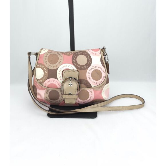 Coach Snaphead Soho Signature Flap Crossbody Bag Purse Sateen Pink Brown Beige - Picture 1 of 16